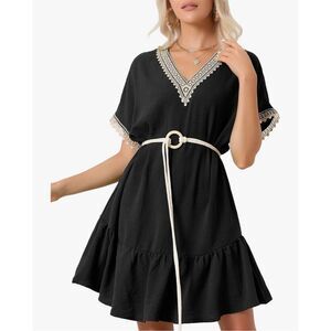 NEW V-Neck Splicing Lace Short Sleeve Tied Waist Dress XS